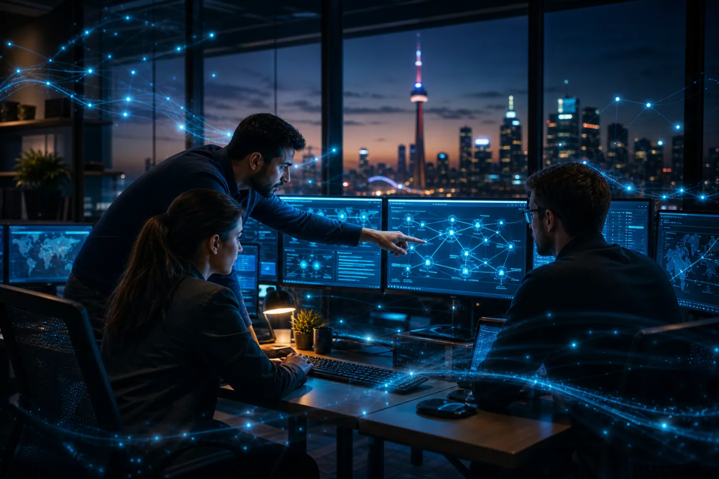 ADDER team collaborating at a multi-monitor workstation in a Toronto office at night