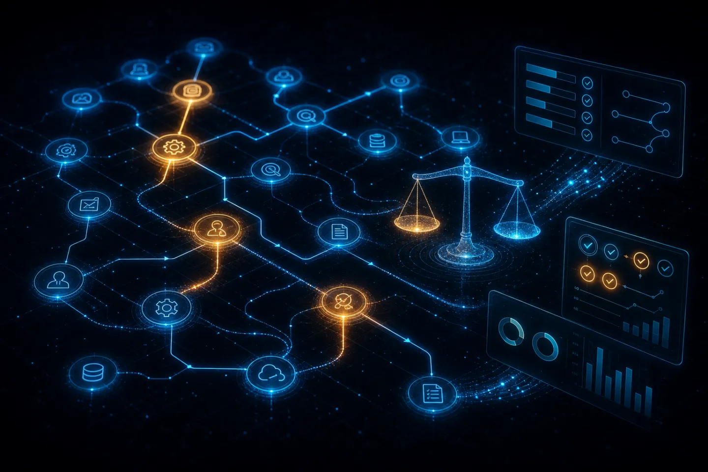 Network of candidate AI use cases weighed on a balance scale with prioritization checklists