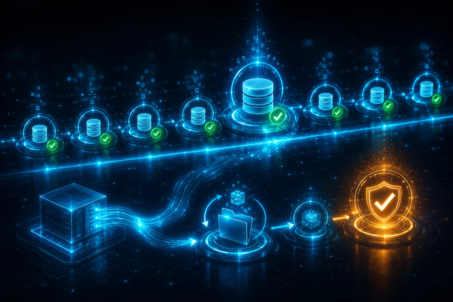 Scheduled database backups verified along a timeline into a protected shield