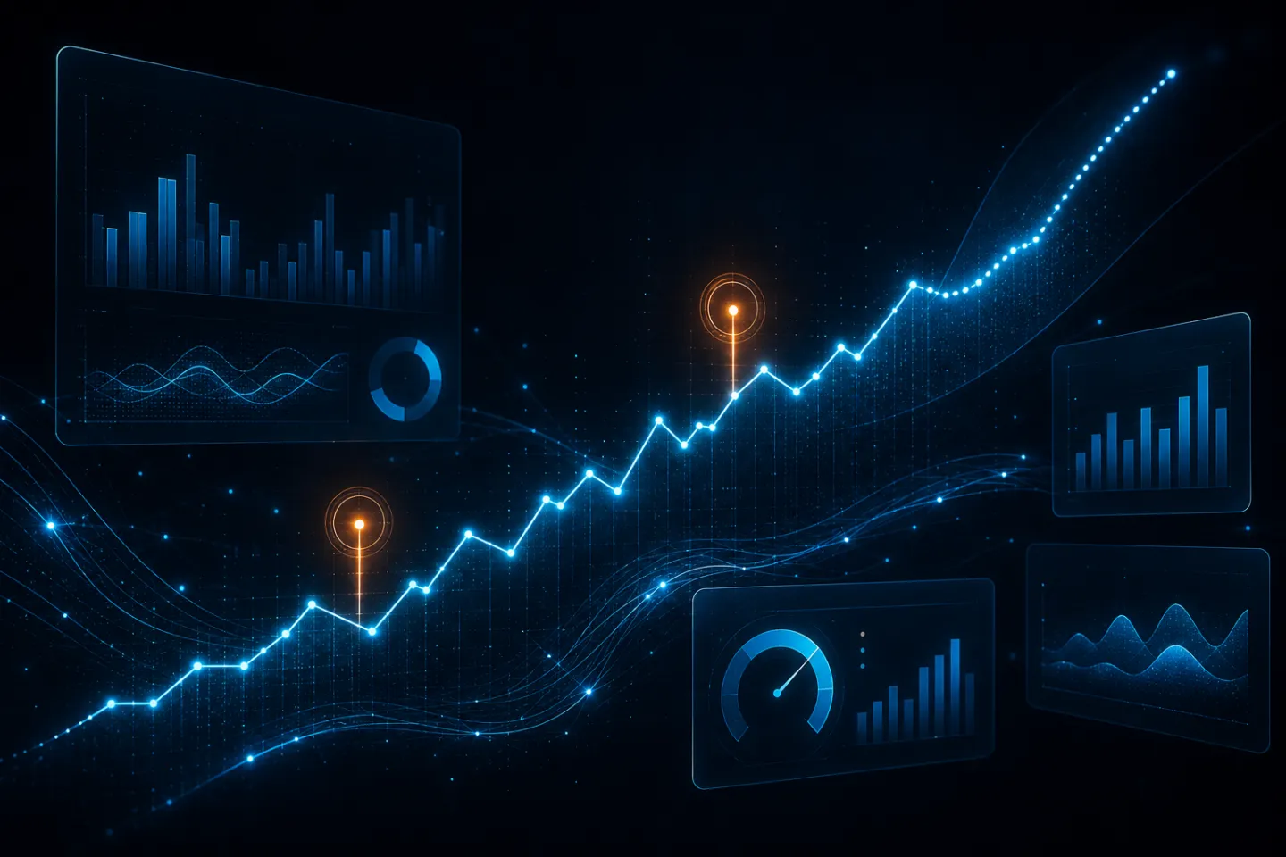 Rising predictive-analytics line chart with forecasting dashboards and gauges