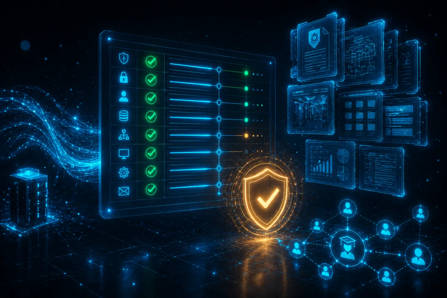 Security compliance checklist with green checkmarks, a verified shield, and audit report panels