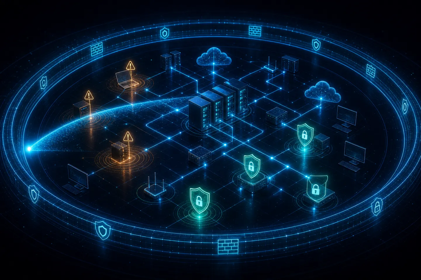 Isometric network map with security shields and threat-alert indicators across assets