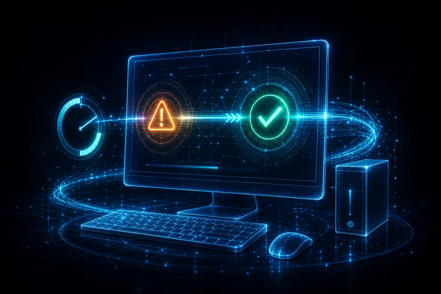 Glowing desktop workstation with a warning icon resolving to a green checkmark