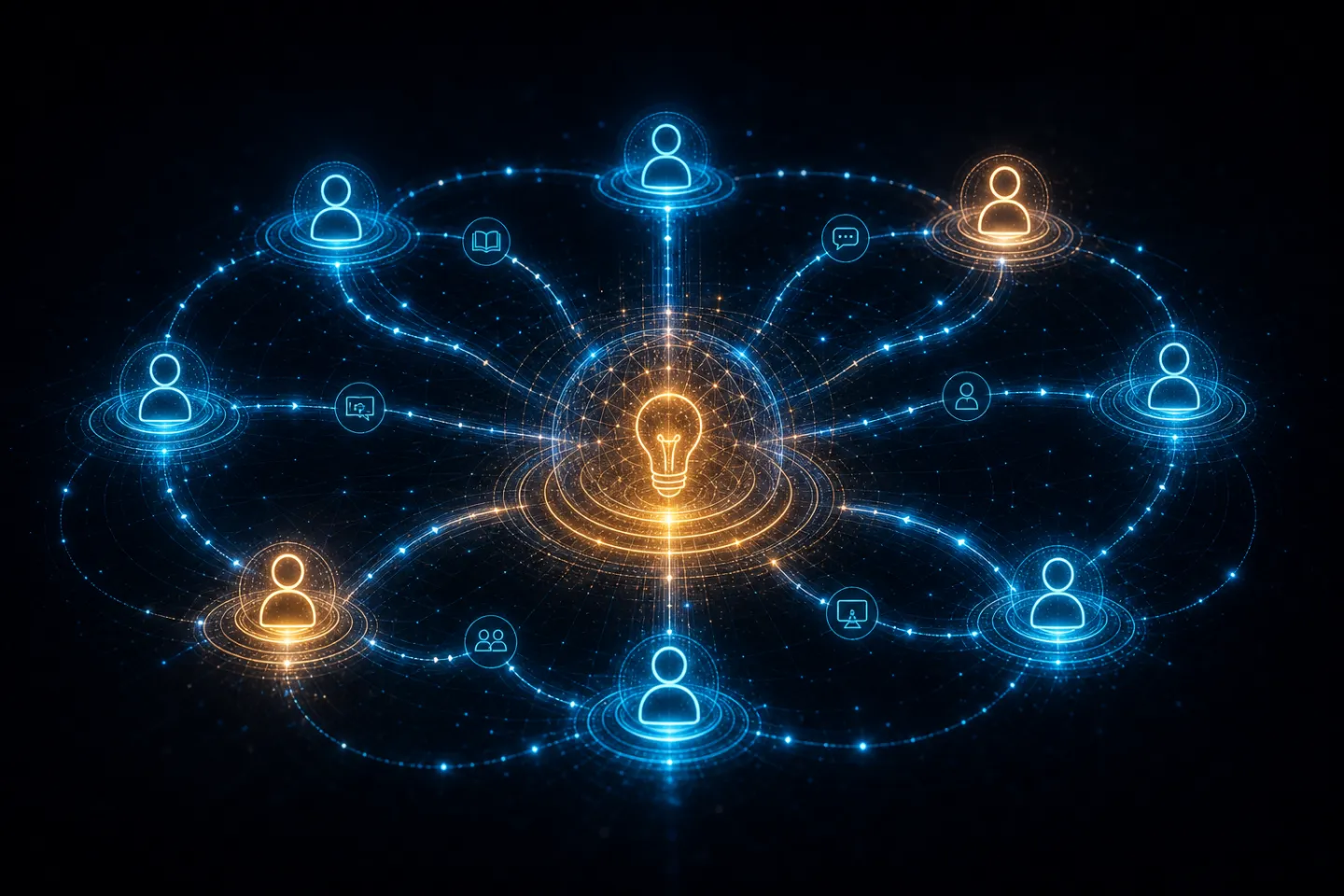 Network of users connected to a central knowledge hub representing training and assistance