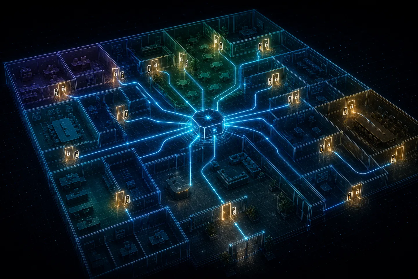 Isometric building floor plan with access-controlled doors wired to a central hub