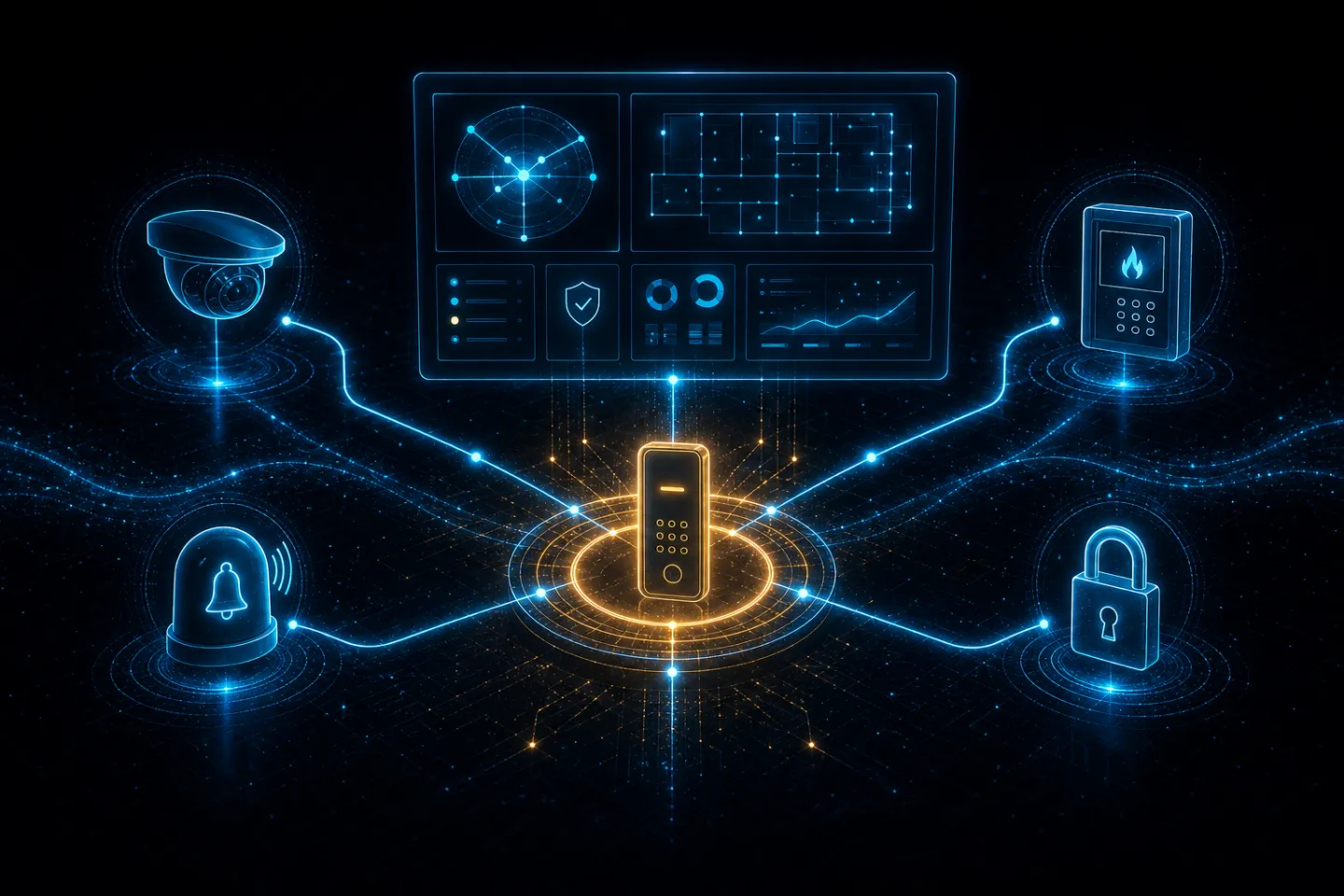 Access control hub integrated with CCTV, alarms, and building security systems