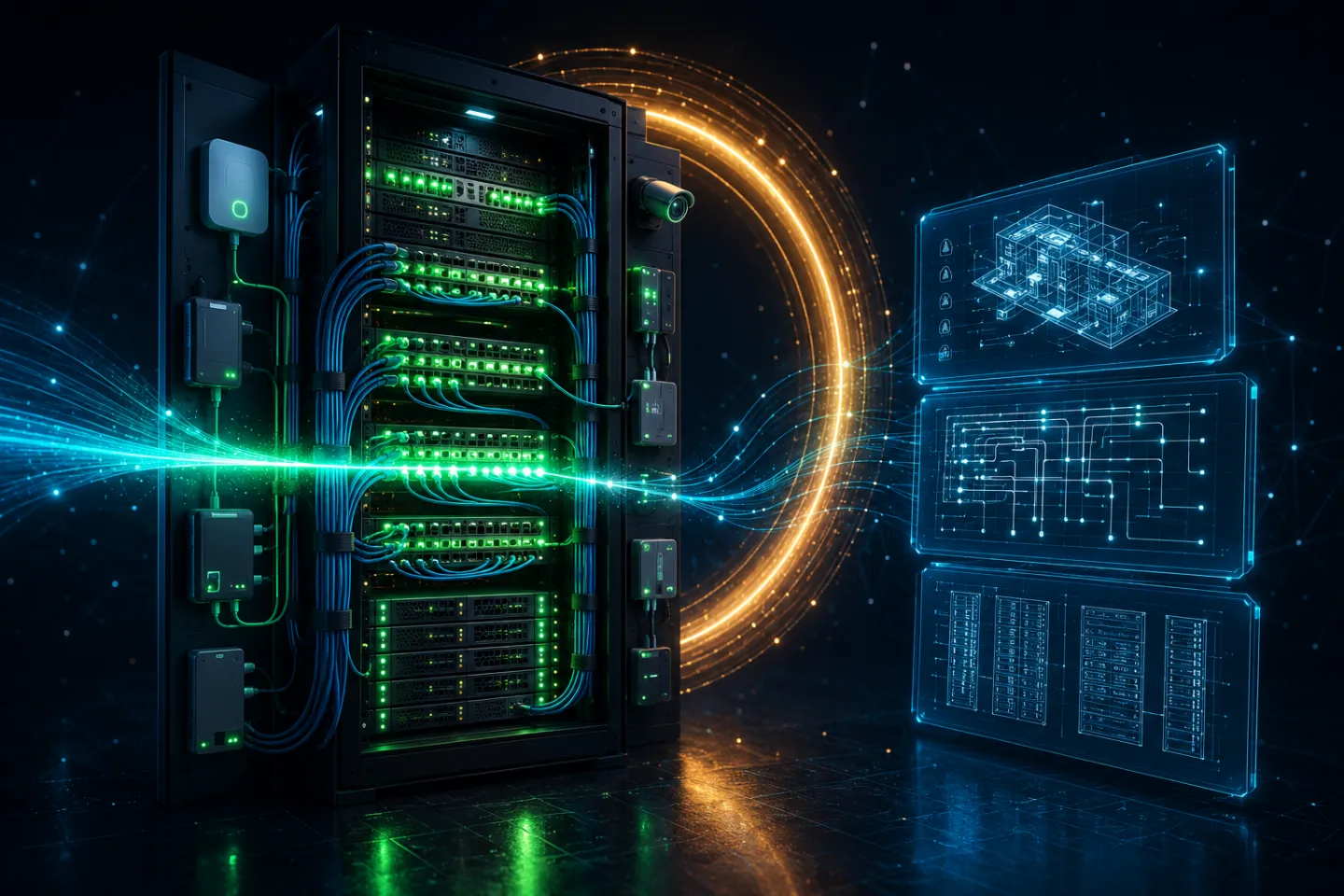 Open server rack under commissioning tests beside holographic infrastructure schematics