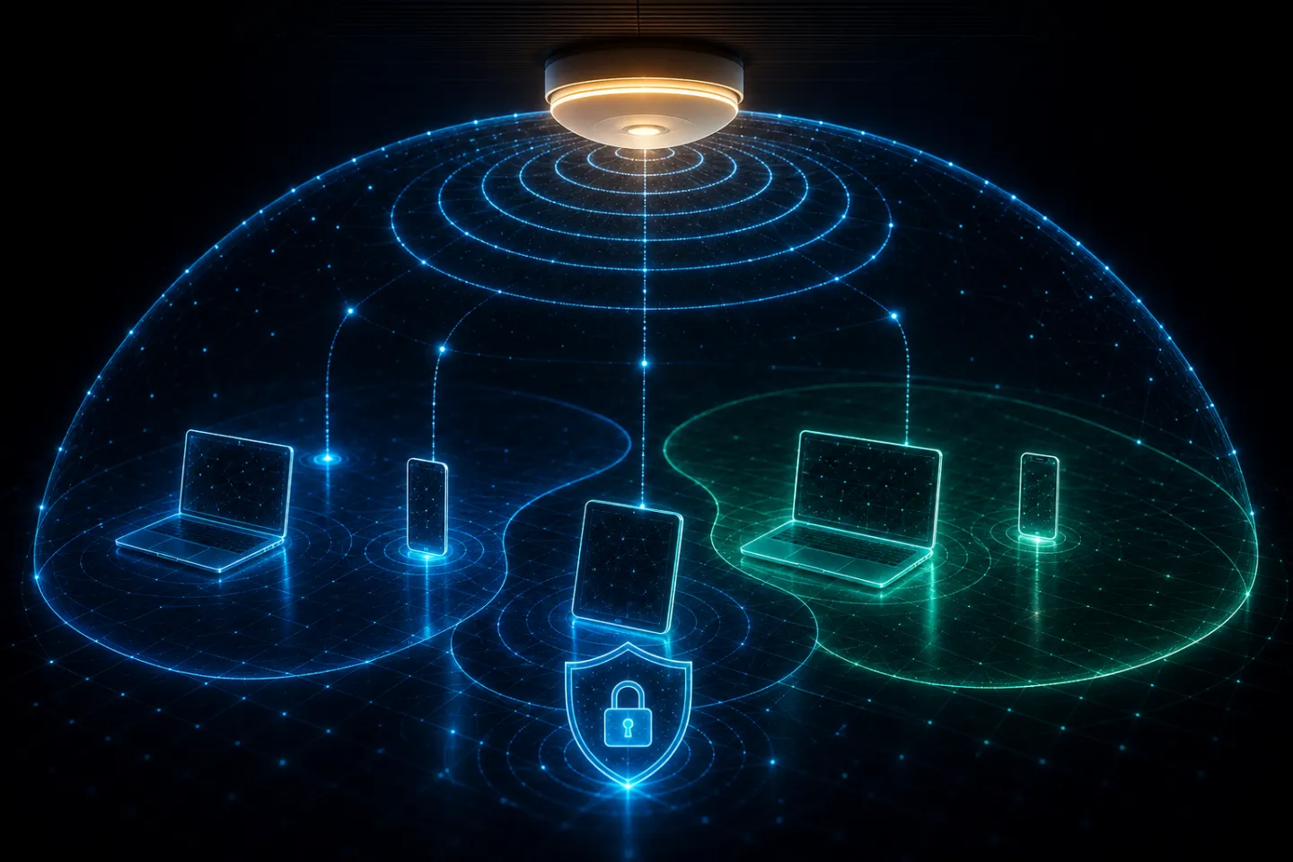 Wireless access point broadcasting a Wi-Fi coverage dome over connected laptops and devices