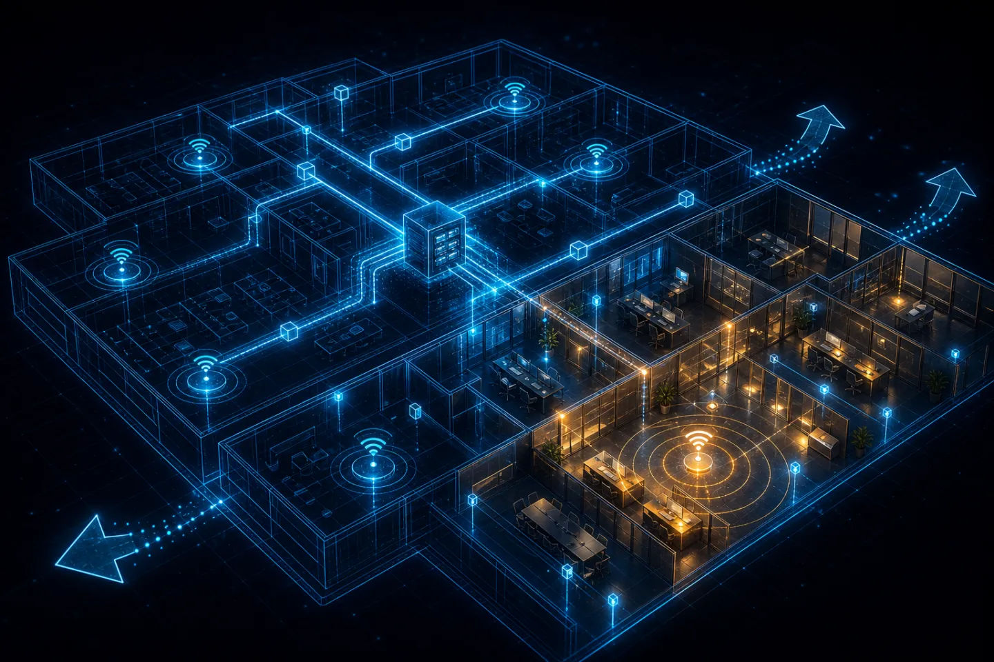 Isometric office floor plan mapping Wi-Fi access points and network cabling