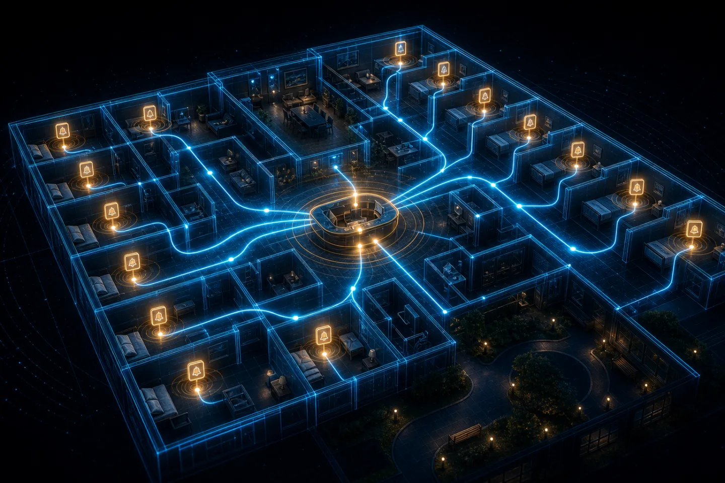 Isometric care-facility floor plan with nurse-call points in each room wired to a central station