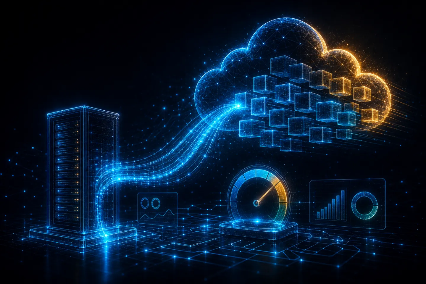 On-premises server linking up to a cloud with resource gauges and charts