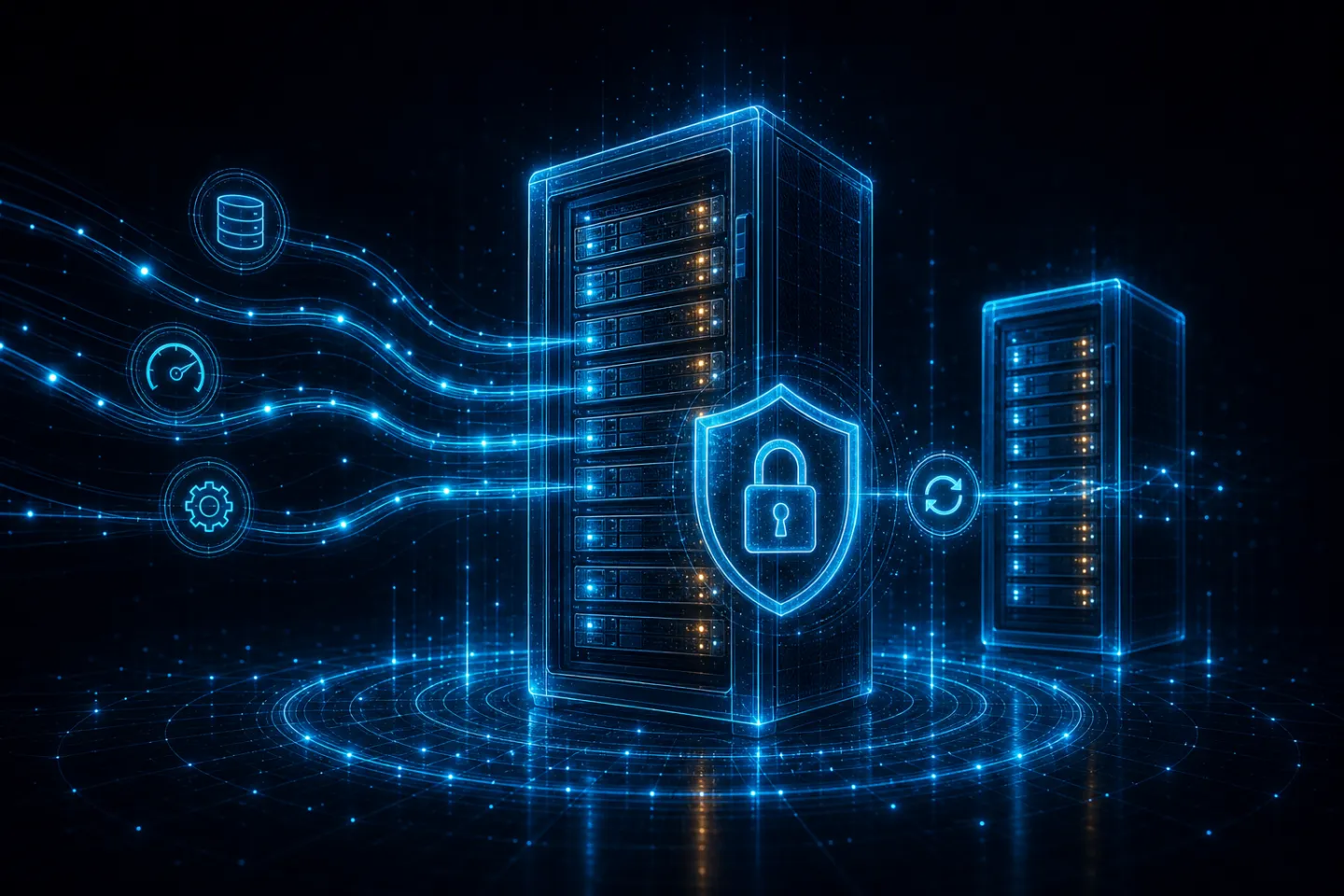 Glowing on-premises server racks with a security padlock shield and management icons