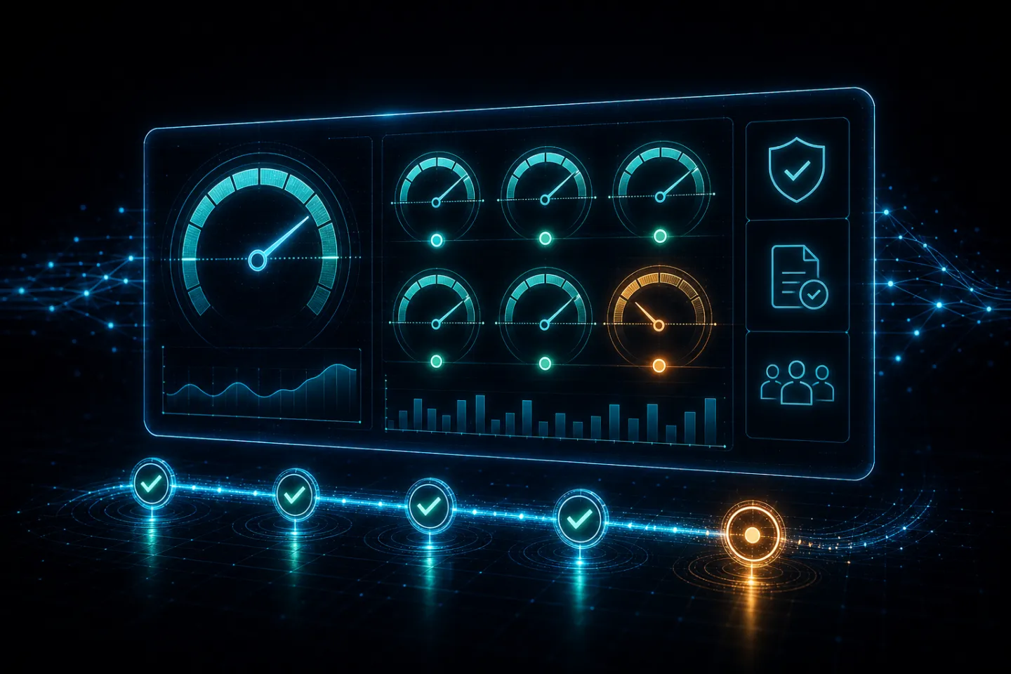 Performance-monitoring dashboard of vendor SLA gauges with a checkmarked timeline