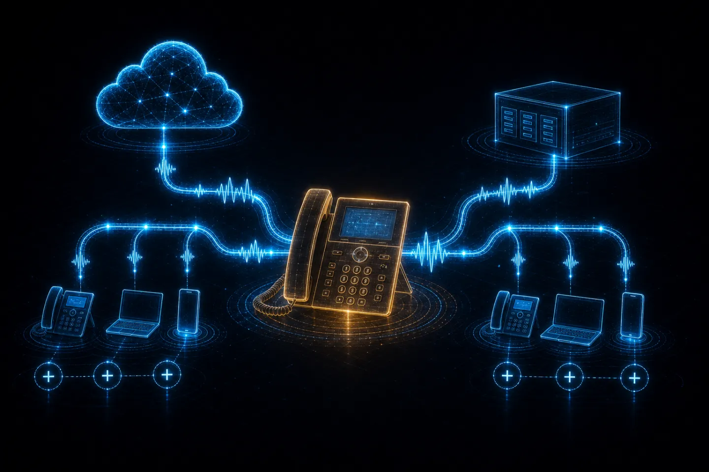VoIP desk phone linked to both a cloud and an on-premises server with connected devices